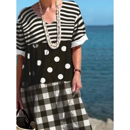 Women Striped Polkadot Plaid Patchwork V-Neck Short Sleeve Dress