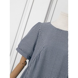 Women Gingham Plaid Crew Neck Casual Short Sleeve Dress