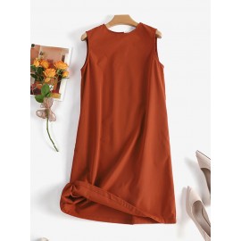 Women Solid Crew Neck Casual Sleeveless Dress With Pocket