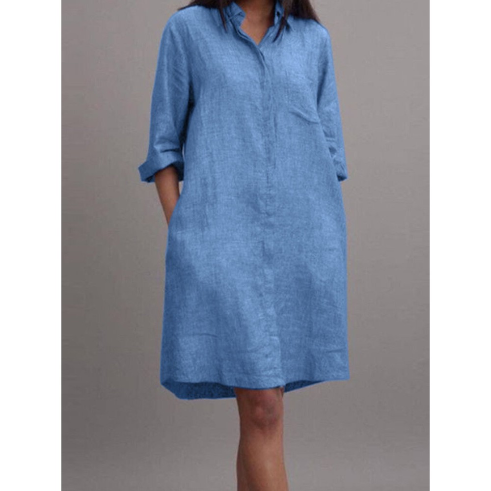 Women Plain Lapel Concealed Placket Casual Shirt Dress
