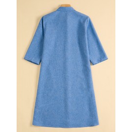 Women Plain Lapel Concealed Placket Casual Shirt Dress
