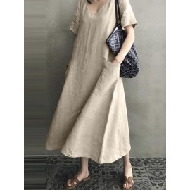 Vintage Short Sleeve V Neck Pockets Dress