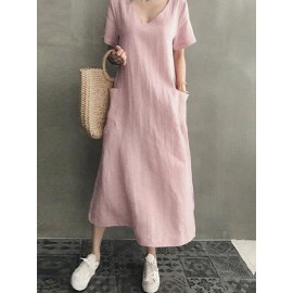 Vintage Short Sleeve V Neck Pockets Dress