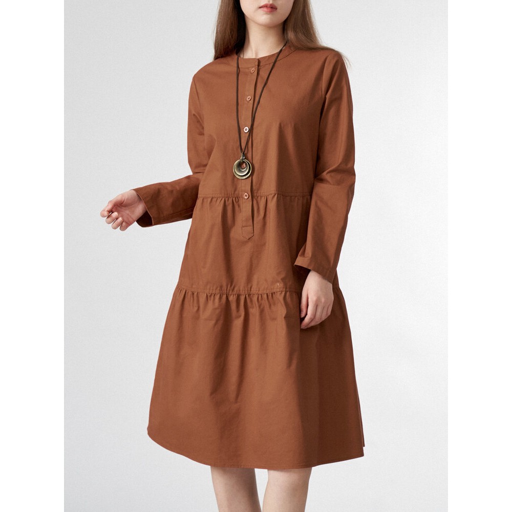 Solid Button Half Placket Long Sleeve Stand Collar Dress