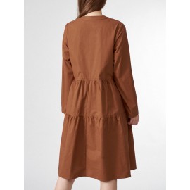 Solid Button Half Placket Long Sleeve Stand Collar Dress