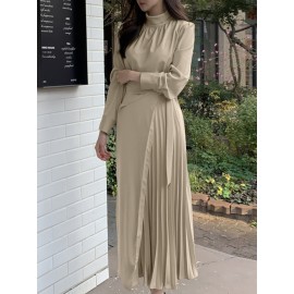 Solid Irregular Pleated Adjustable Belt Long Sleeve Dress