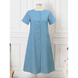Women Solid Button Front Short Sleeve Denim Shirt Dress