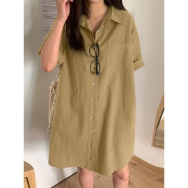 Women Solid Lapel Double Pocket Button Front Shirt Dress