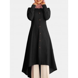 Solid Color Button Curved Hem Casual Muslim Dress for Women