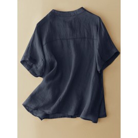 Women Solid Stand Collar Button Up Cotton Short Sleeve Shirt
