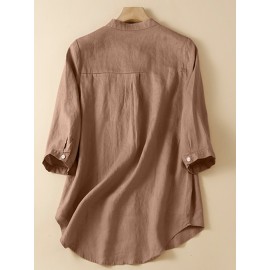 Women Plain Stand Collar Chest Pocket Cotton 3/4 Sleeve Shirt