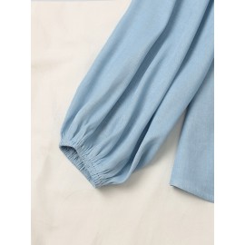 Women Solid Lapel Flap Pocket Long Sleeve Denim Shirt