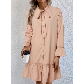 Women Ruffle Trim Tie Neck Plain Long Sleeve Shirt