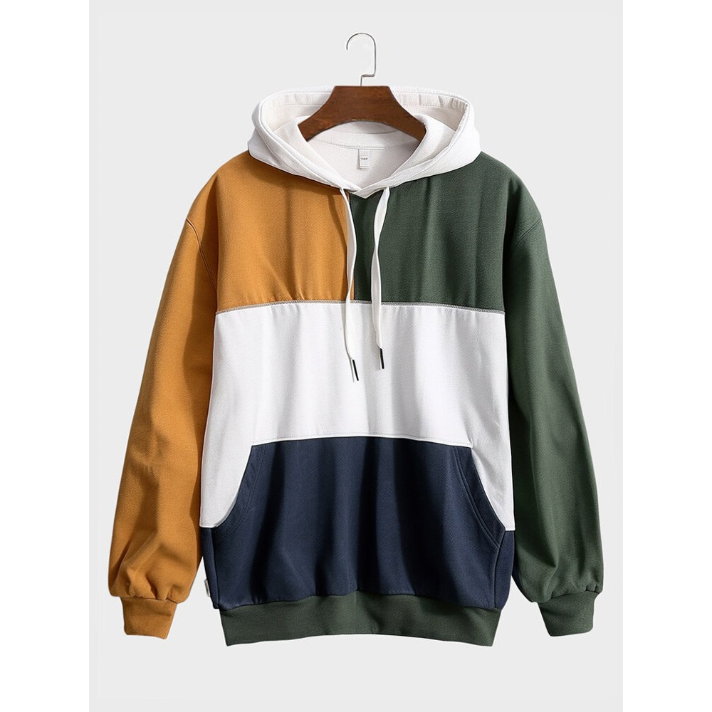 Mens Color Block Patchwork Kangaroo Pocket Loose Drawstring Hoodies Winter