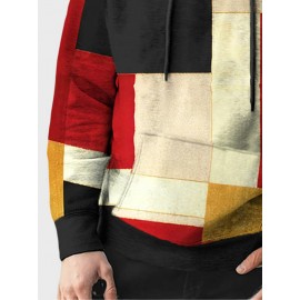 Mens Color Block Kangaroo Pocket Loose Drawstring Hoodies Winter