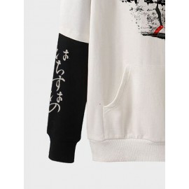 Mens Japanese Landscape Print Contrast Patchwork Drawstring Hoodies Winter